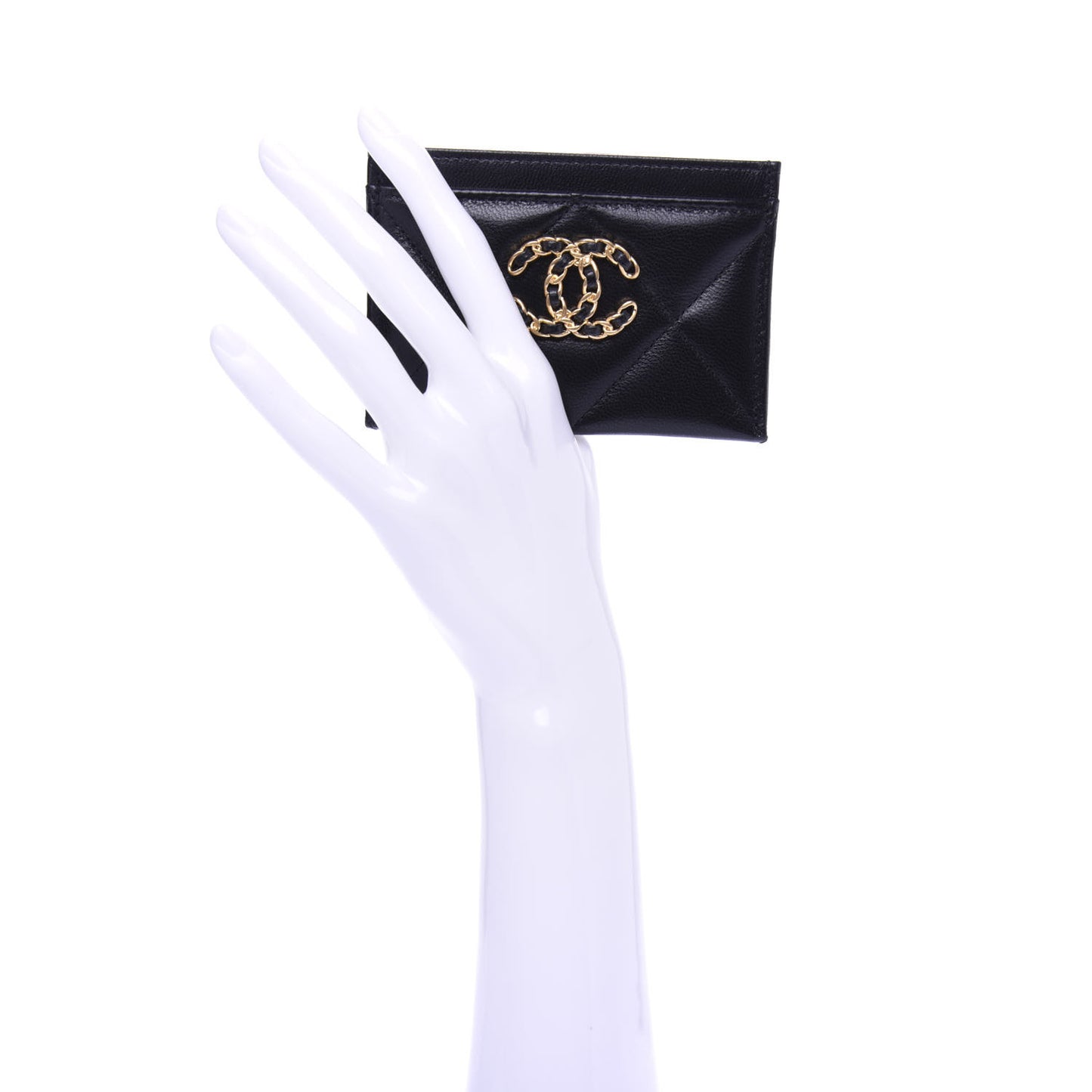 Shiny Goatskin Quilted Chanel 19 Card Holder Black