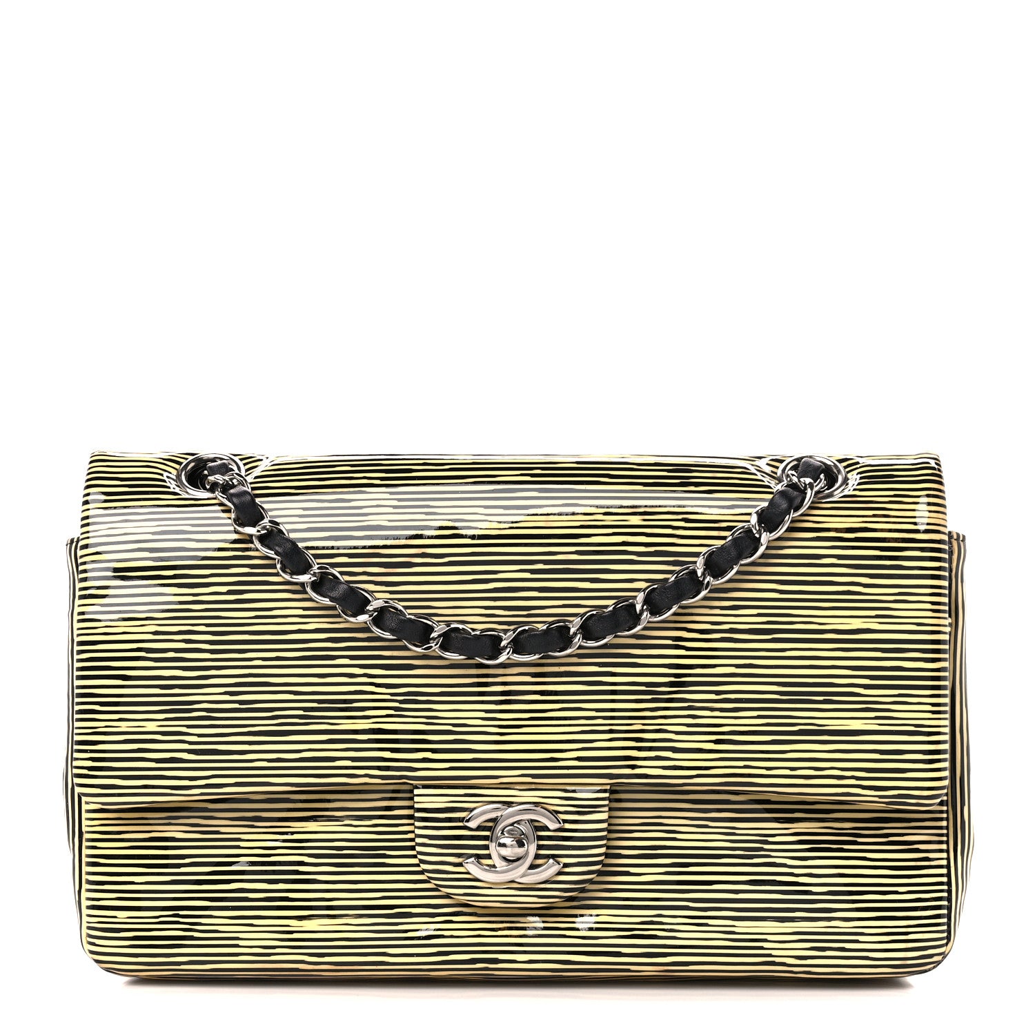 Chanel Patent Calfskin Striped Medium Double Flap Yellow Black 1 of 12