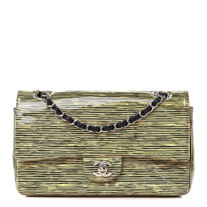 Chanel Patent Calfskin Striped Medium Double Flap Yellow Black 1 of 12