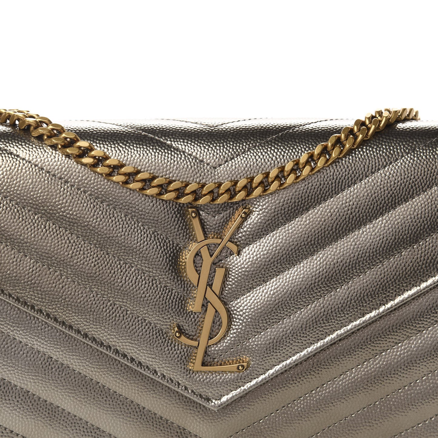 Metallic Grain De Poudre Matelasse Chevron Monogram Chain Wallet Piombo