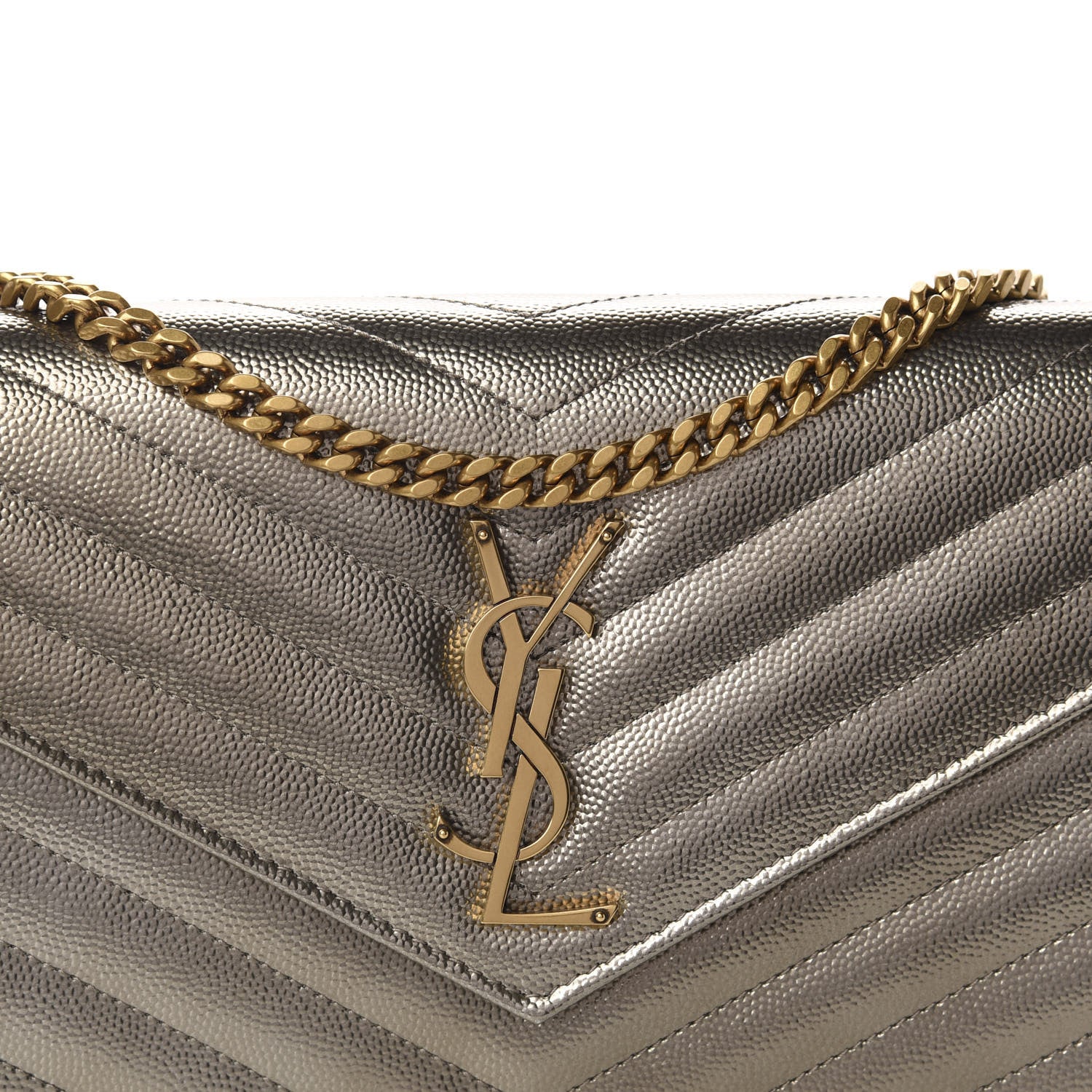 Saint Laurent Metallic Grain De Poudre Matelasse Chevron Monogram Chain Wallet Piombo 11 of 12