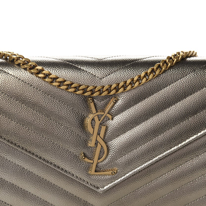Saint Laurent Metallic Grain De Poudre Matelasse Chevron Monogram Chain Wallet Piombo 11 of 12