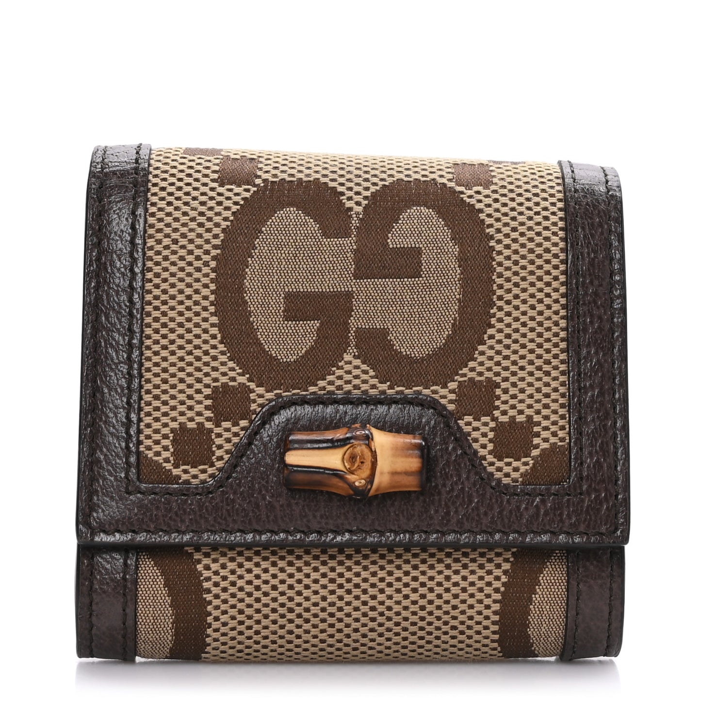 Monogram Jumbo GG Textured Dollar Calfskin Diana Compact Wallet Camel Ebony New Acero