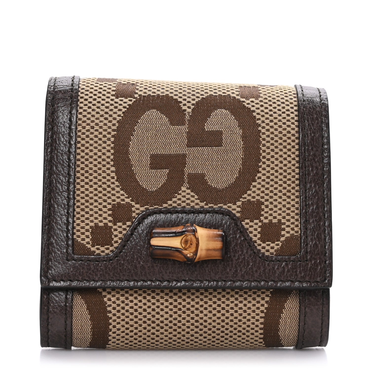 Gucci Monogram Jumbo GG Textured Dollar Calfskin Diana Compact Wallet Camel Ebony New Acero 1 of 6