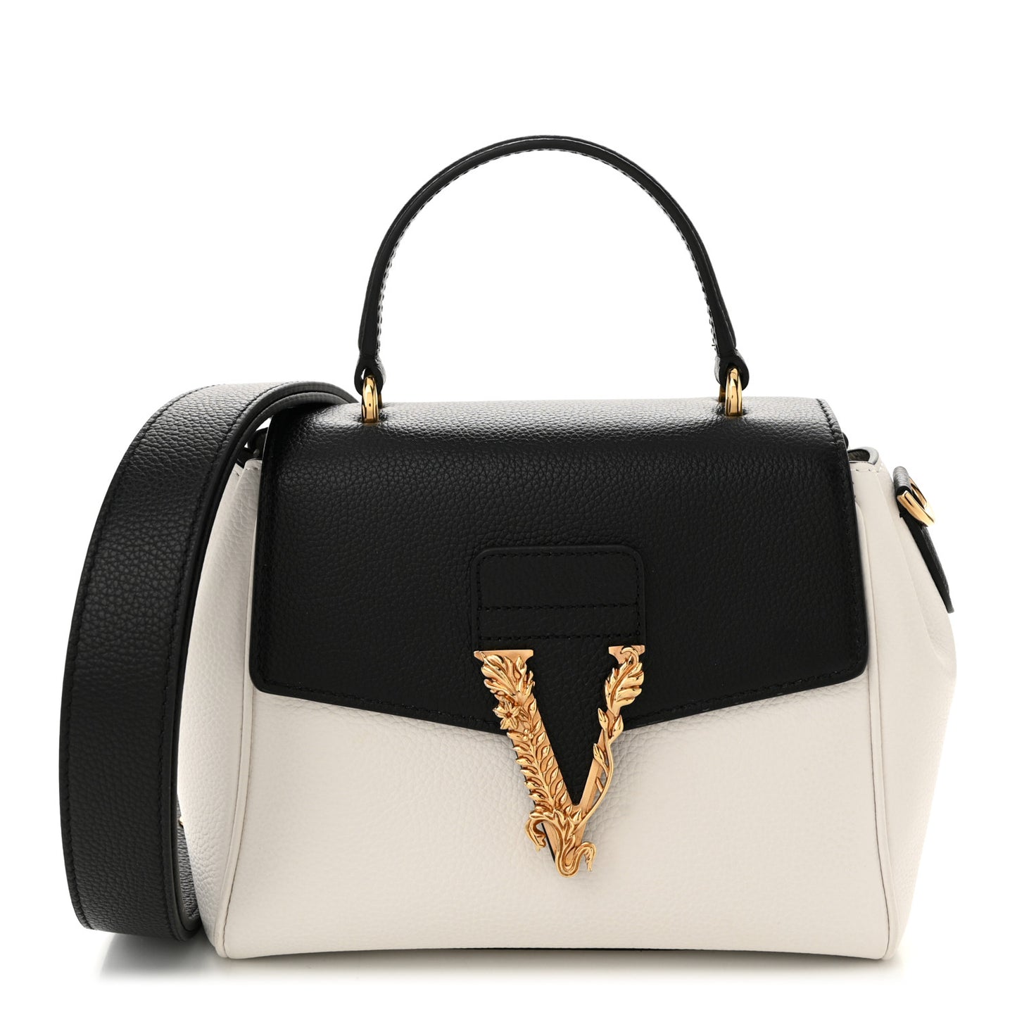 Grainy Calfskin Virtus Small Top Handle Bag White Black