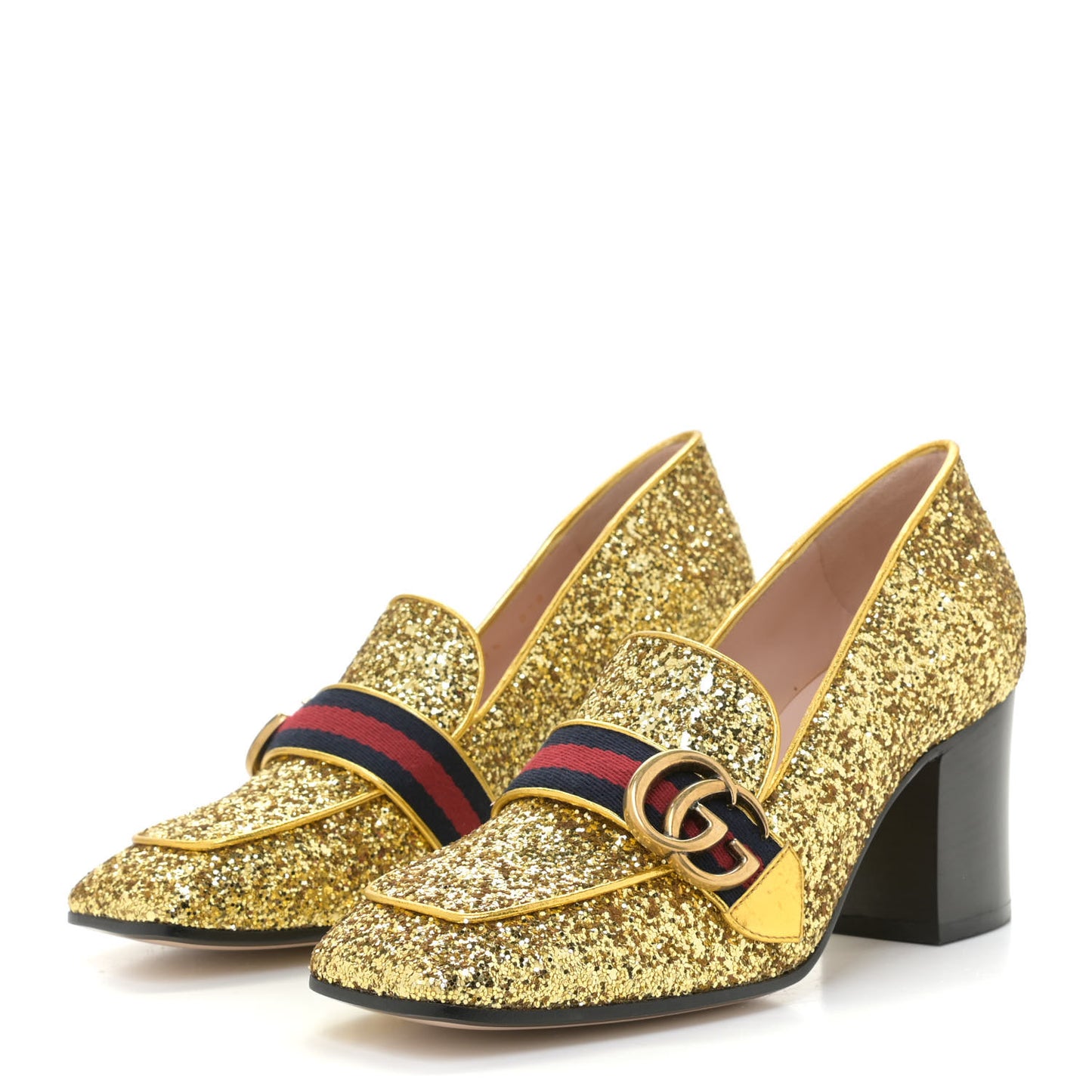 Glitter Nappa Web Peyton 75mm Loafer Pumps 37.5 Oro Vecchio