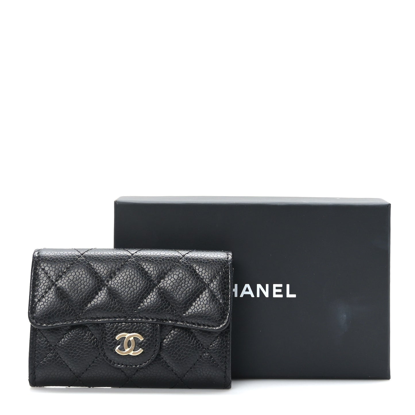 Caviar Quilted Flap Card Holder Wallet Black