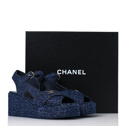 Chanel Silk Linen Tweed Quilted CC Platform Sandals 39.5 Navy Blue Gray 11 of 11