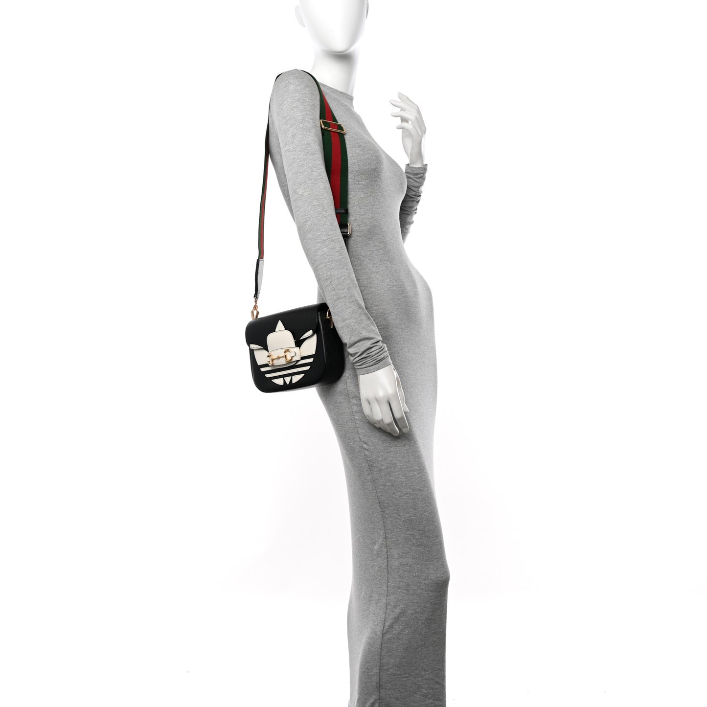 X ADIDAS Textured Dollar Calfskin Web Trefoil Mini Horsebit 1955 Shoulder Bag Black Off White