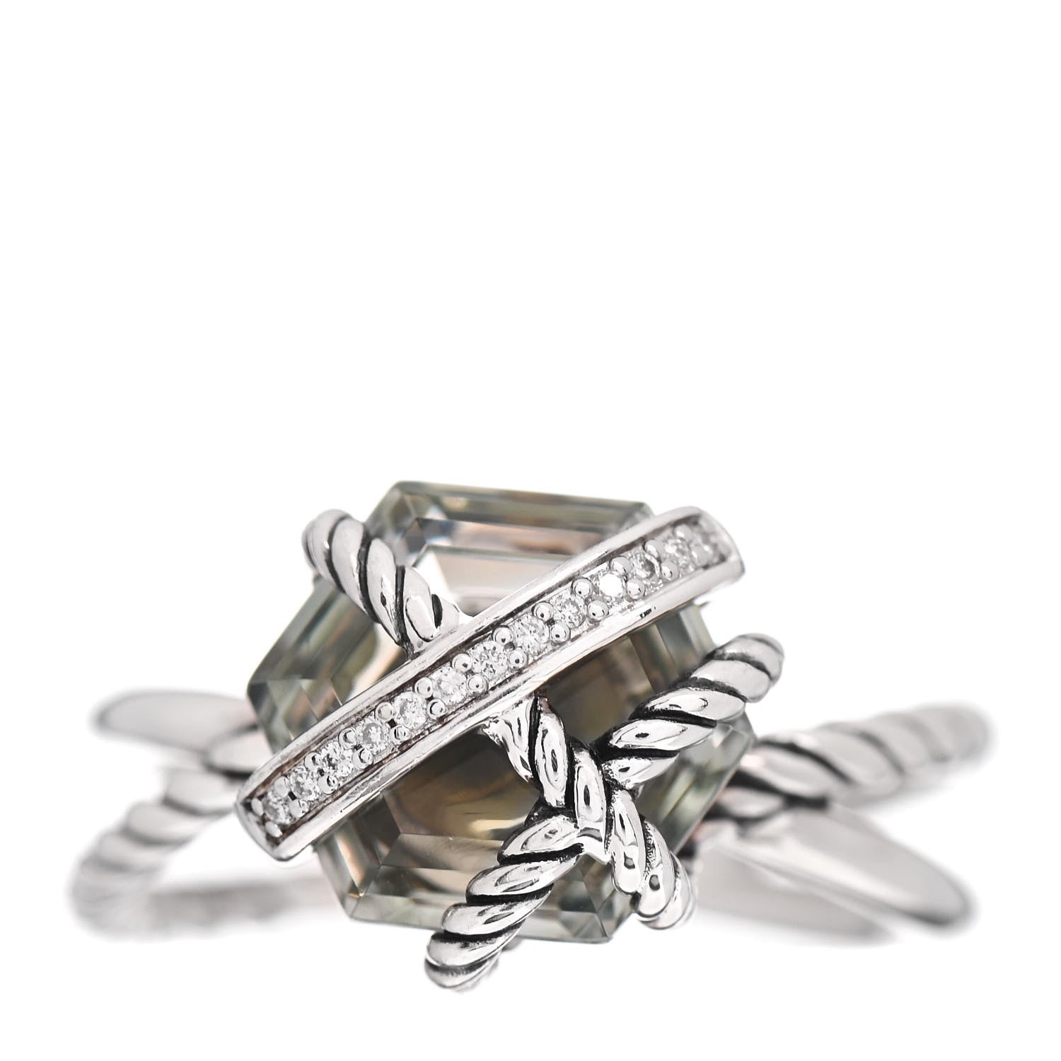 David Yurman Sterling Silver Diamond Prasiolite 10mm Cable Wrap Ring 54 7 1 of 5
