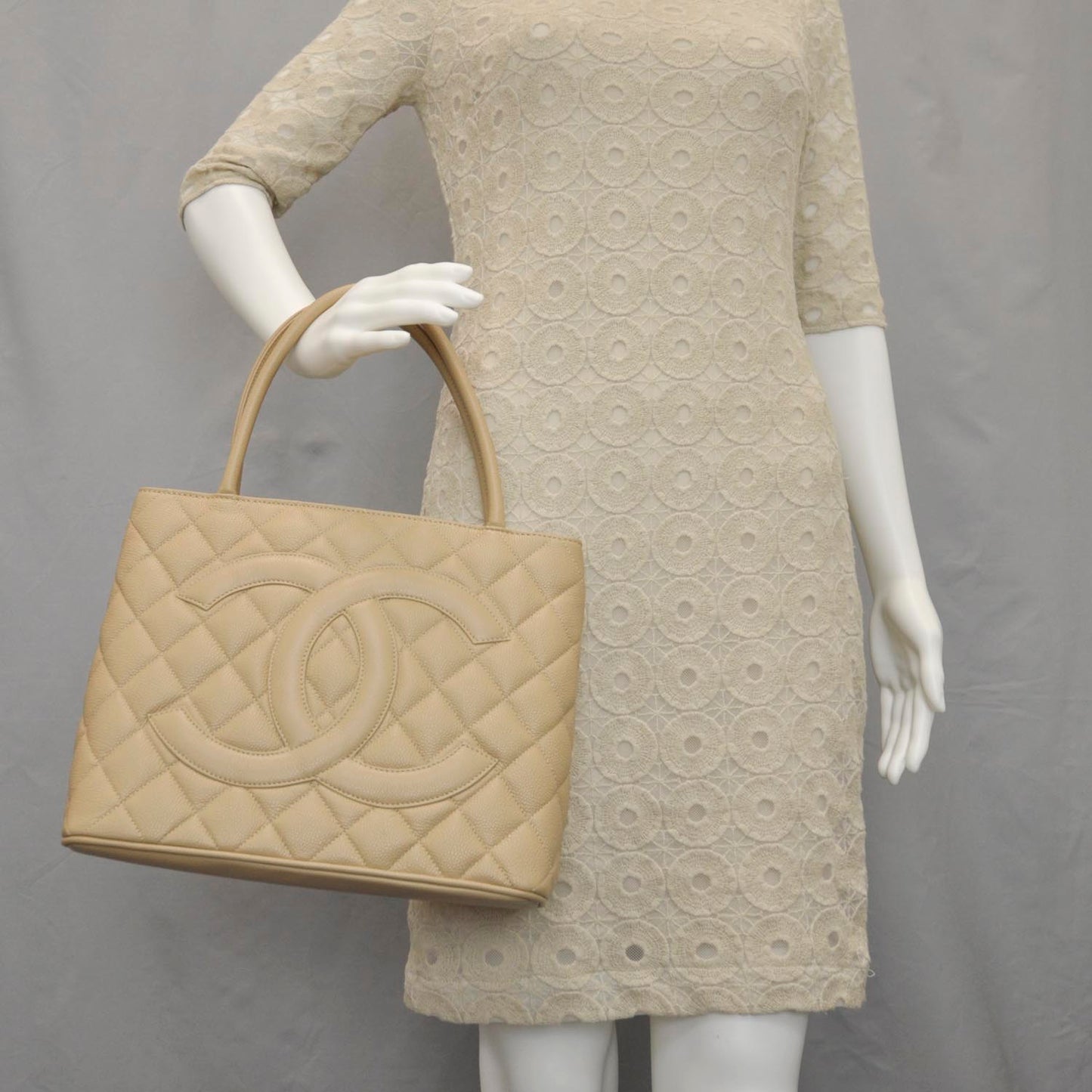 Caviar Quilted Medallion Tote Beige