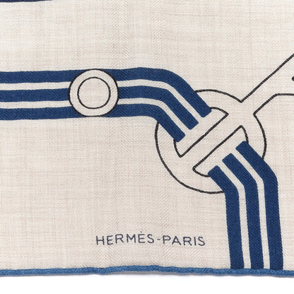 Hermes Cashmere Silk Correspondance Hermes-Paris Scarf 100 Naturel Bleu Moyen Bleu Emeraude 2 of 4