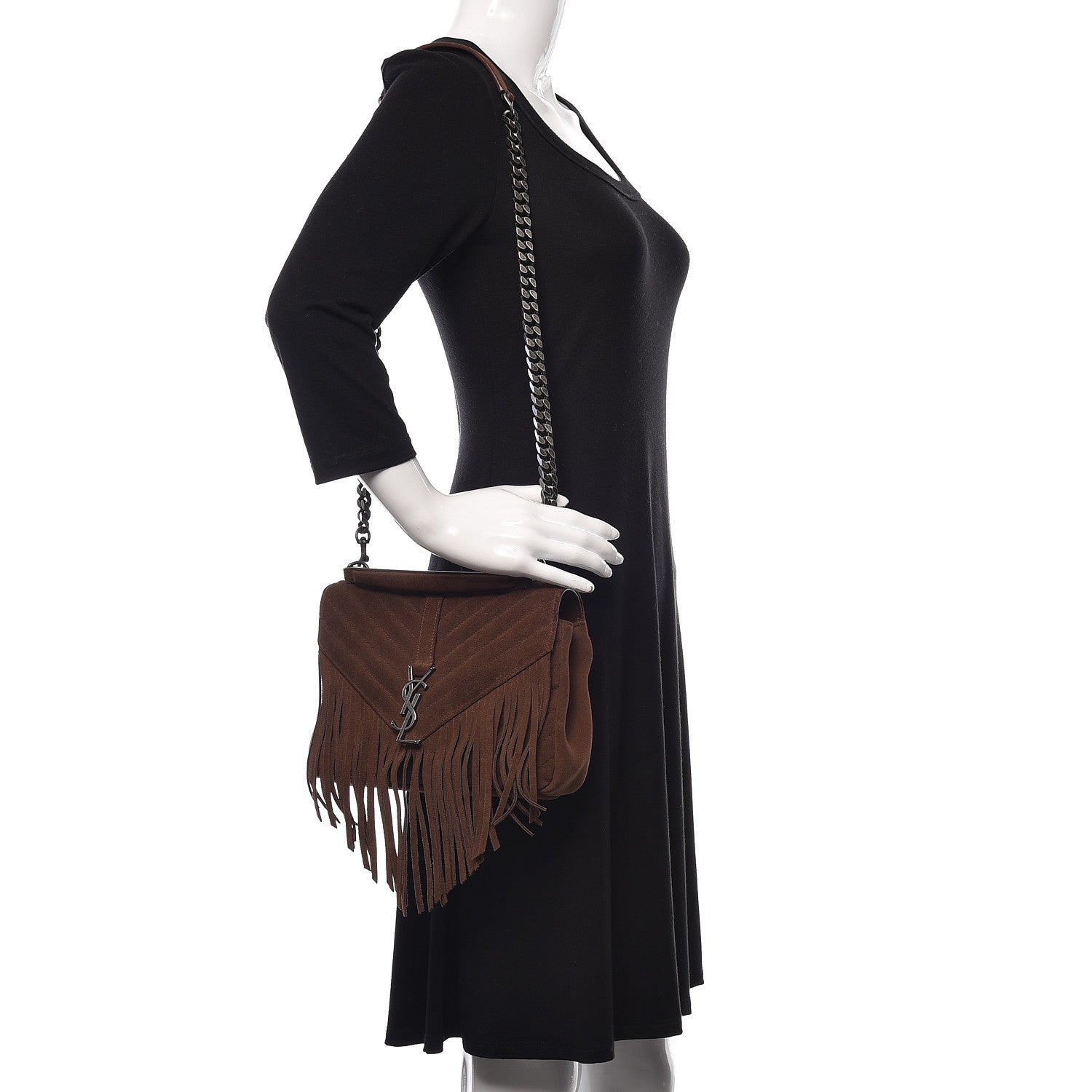Saint Laurent Suede Matelasse Chevron Fringe Monogram Medium College Bag Marron Clair 2 of 10