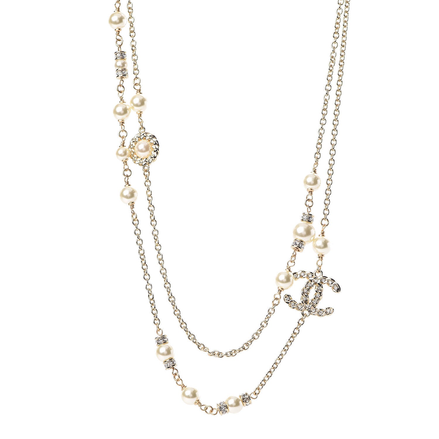 Chanel Pearl Crystal CC Double Chain Necklace Gold 1 of 6