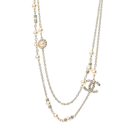 Chanel Pearl Crystal CC Double Chain Necklace Gold 1 of 6