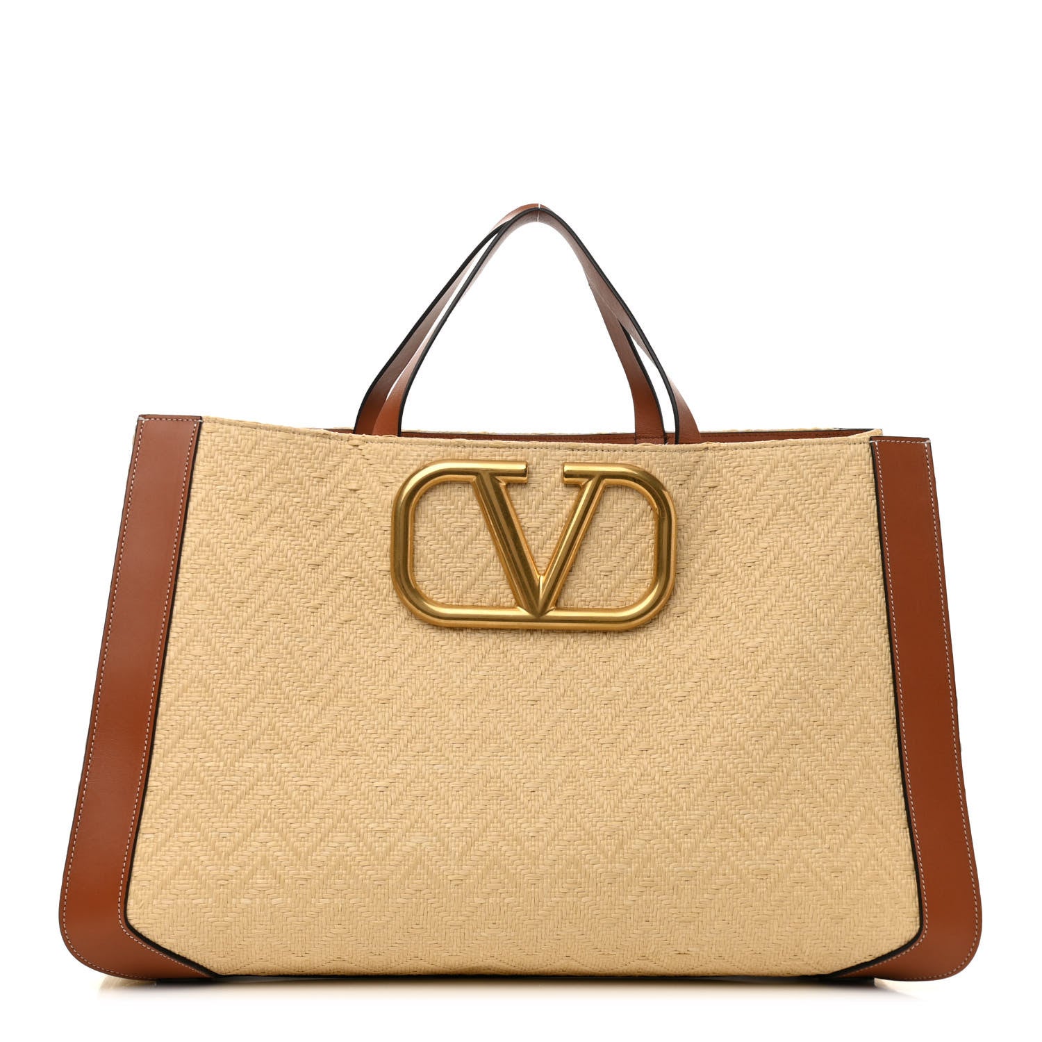 Valentino Garavani Raffia Calfskin Vlogo Shoulder Tote Naturale Saddle Brown 1 of 10