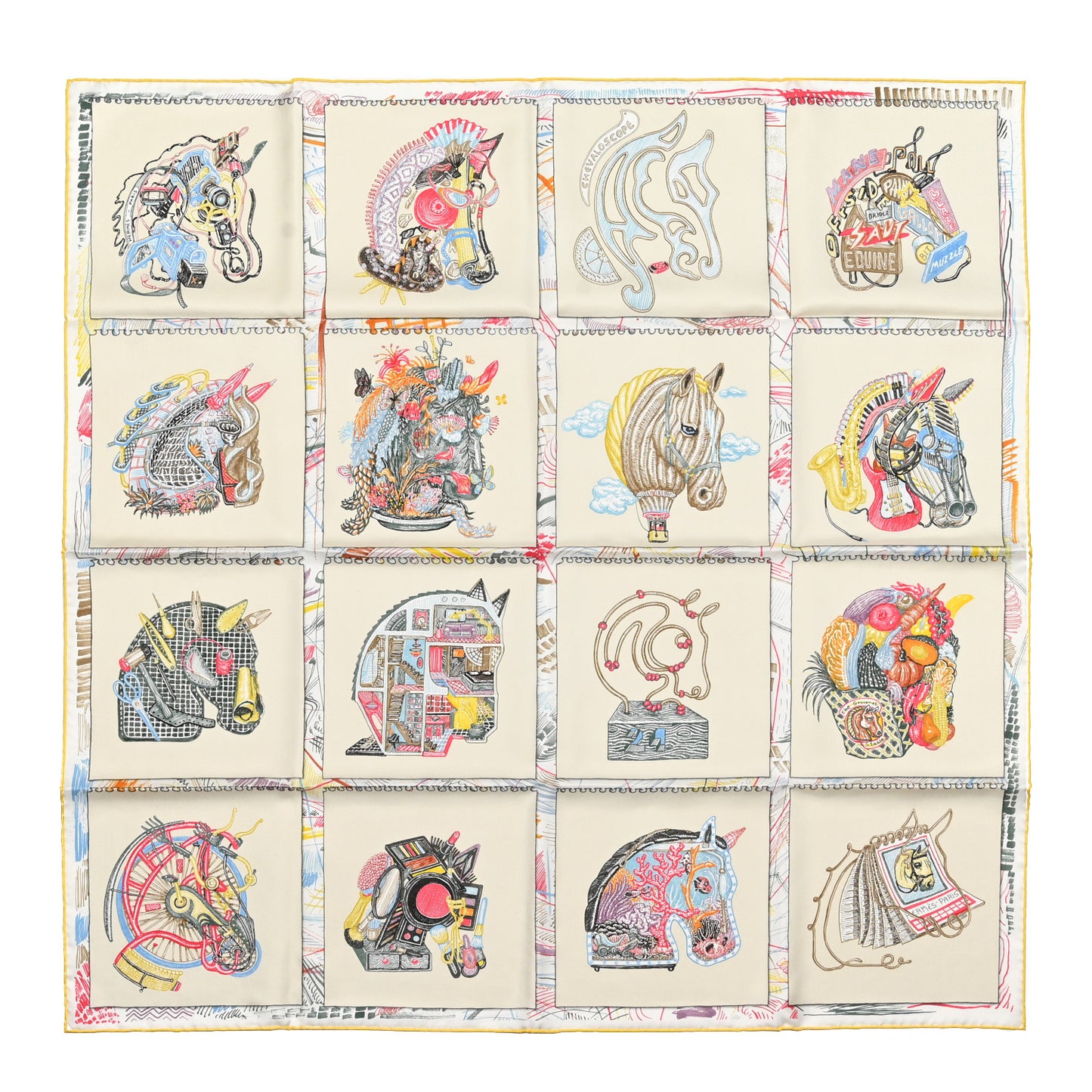 Silk Chevaloscope Scarf 90 White Bleu Multicolor