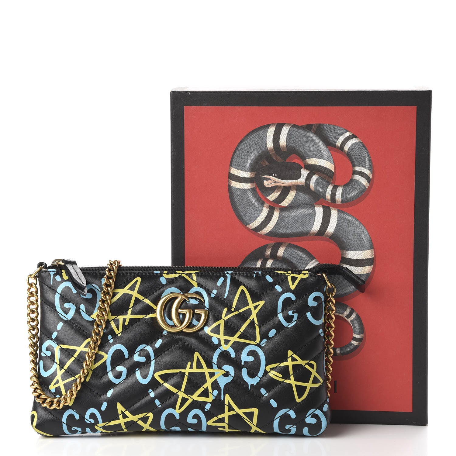 Gucci Calfskin Matelasse Printed Mini GucciGhost GG Marmont Chain Bag Black New AcquamarineCalfskin Matelasse GucciGhost Mini GG Marmont Chain Bag Black New Acquamarine 10 of 10