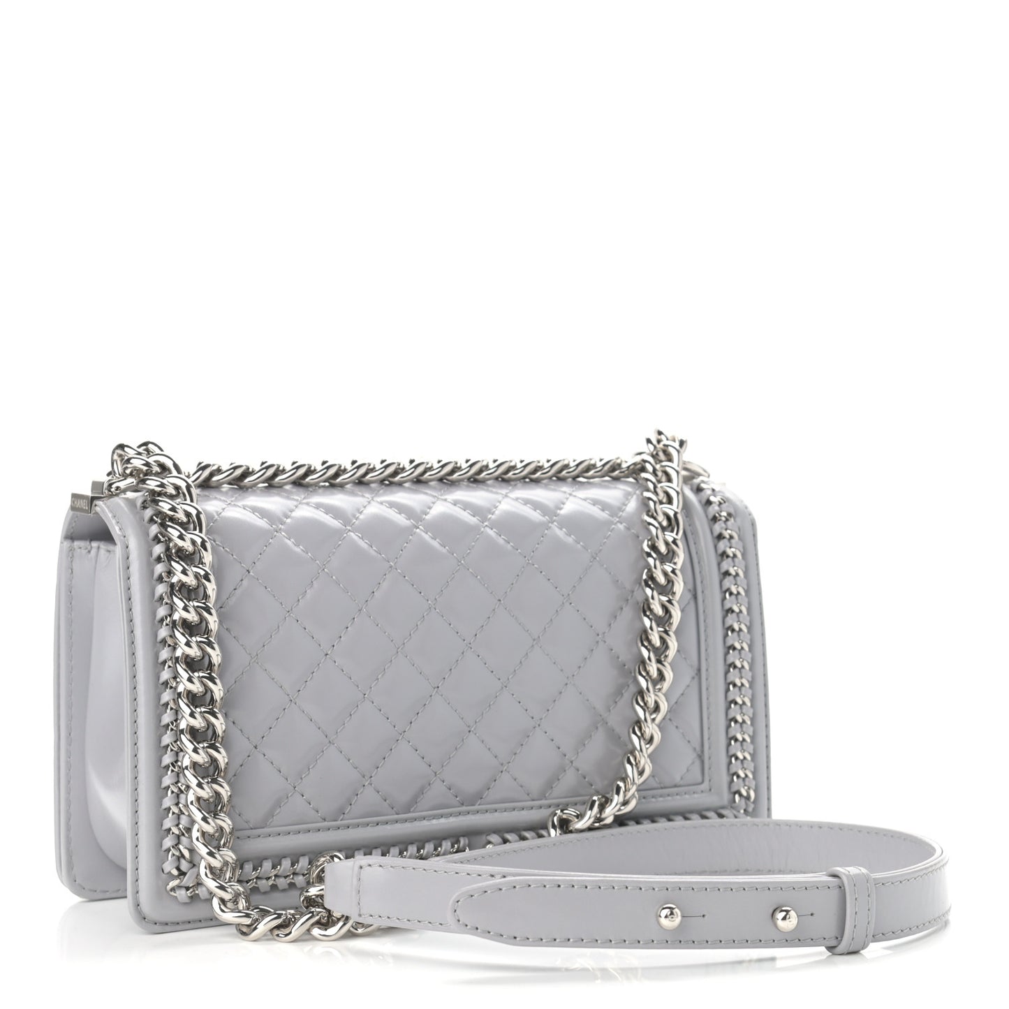 Iridescent Lambskin Quilted Medium Chain Around Boy Flap Grey