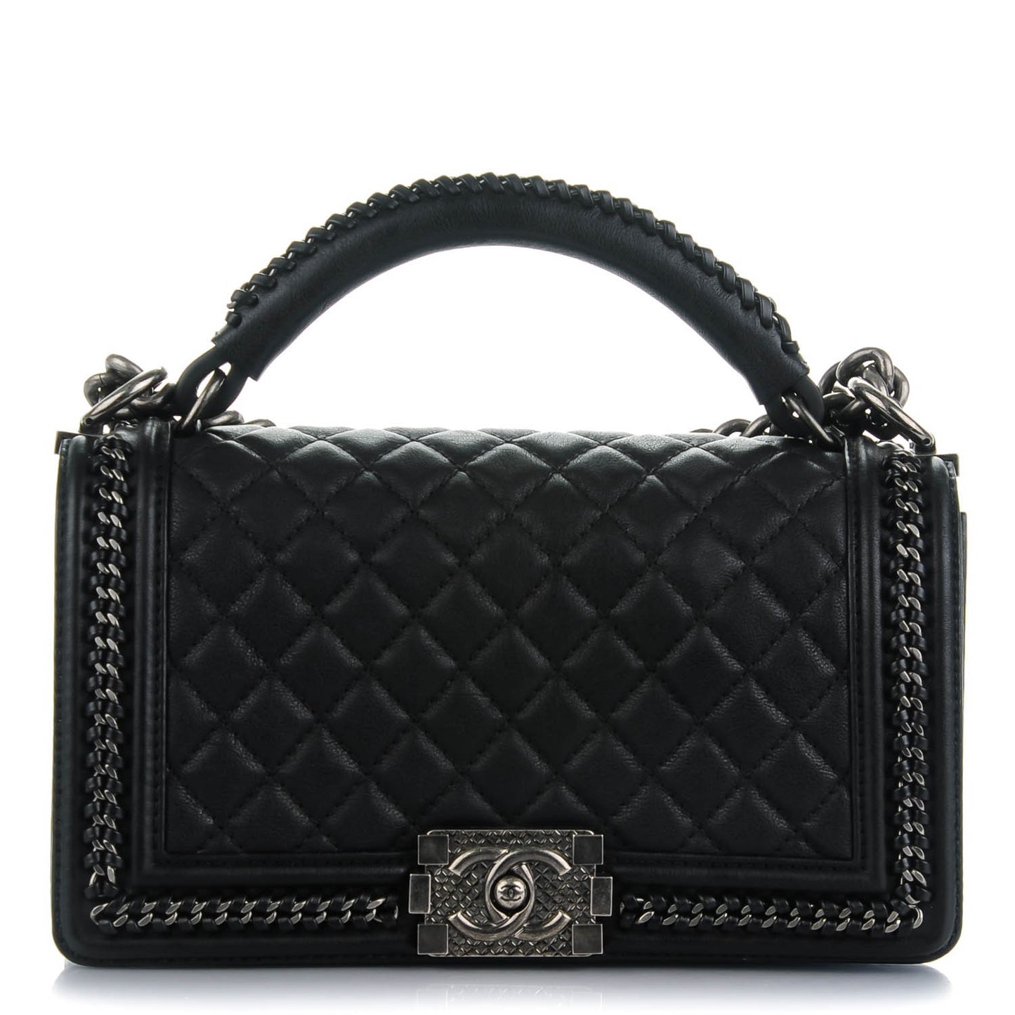 Calfskin Quilted Medium Top Handle Boy Flap Black