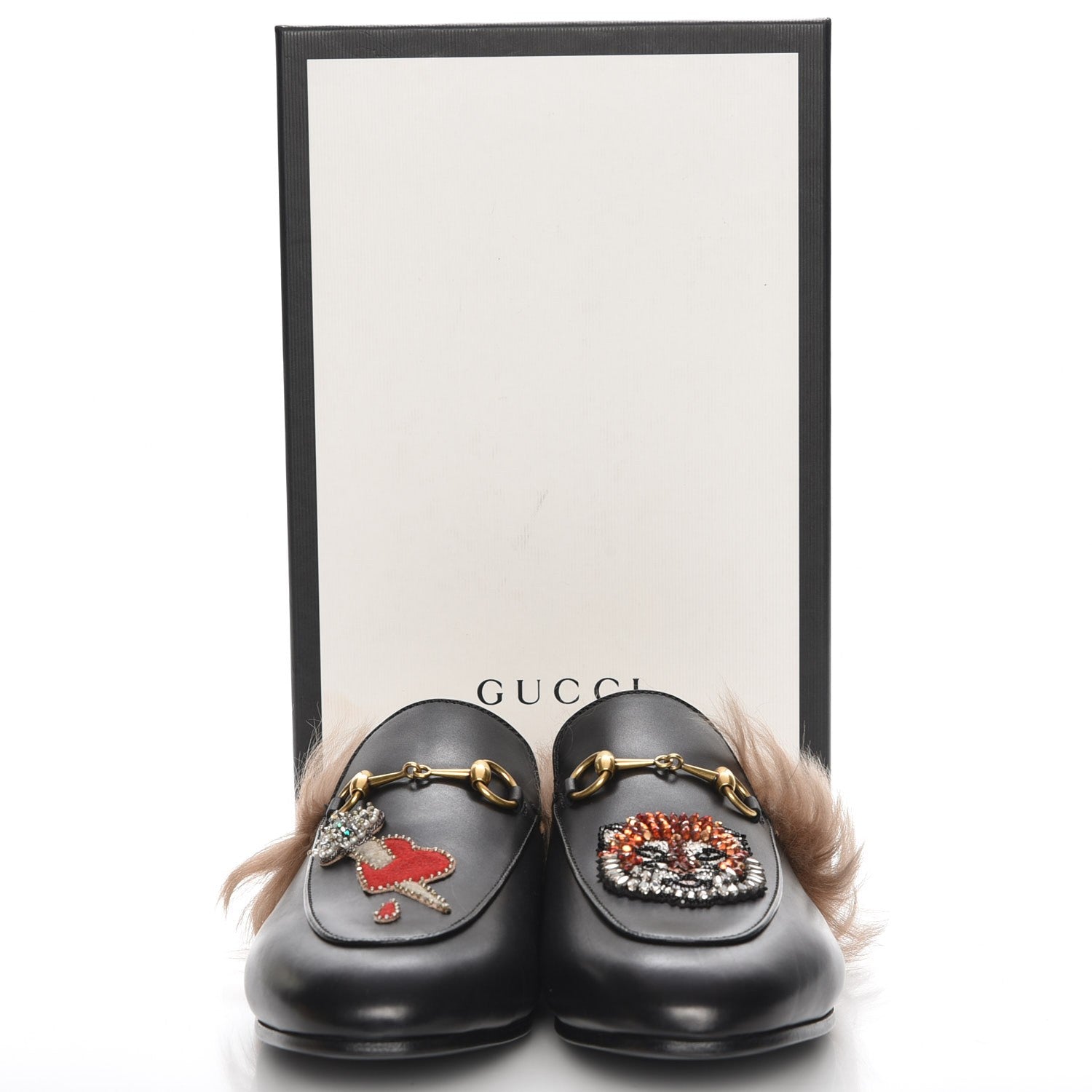 Gucci Calfskin Fur Crystal Tiger Embroidered Princetown Slippers 40 Black 8 of 8