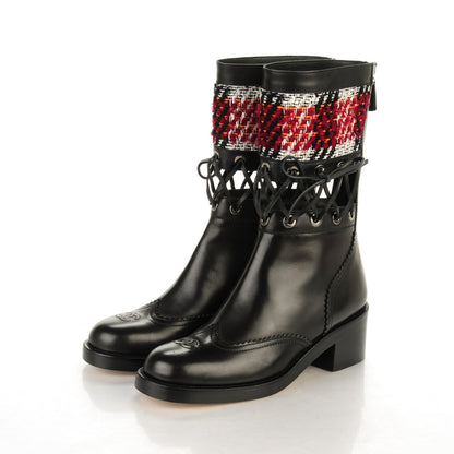 Chanel Tweed Calfskin Lace Up Short Boots 39 Black White Burgundy 3 of 6