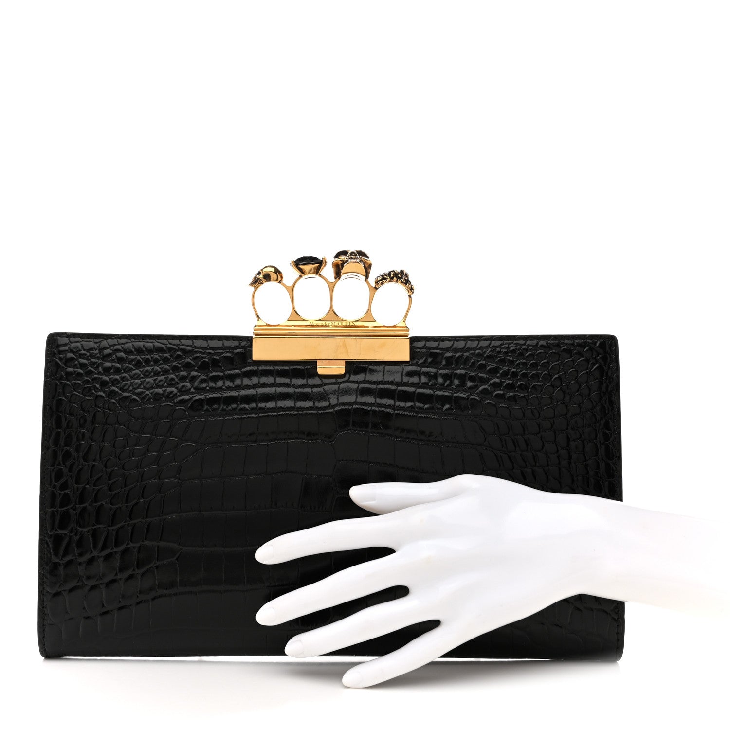 Alexander McQueen Calfskin Crocodile Embossed Knuckle Flat Clutch Black Gold 2 of 10
