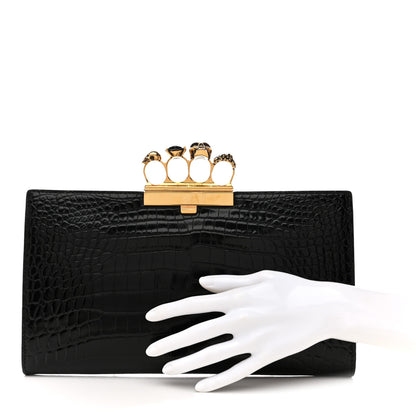 Alexander McQueen Calfskin Crocodile Embossed Knuckle Flat Clutch Black Gold 2 of 10