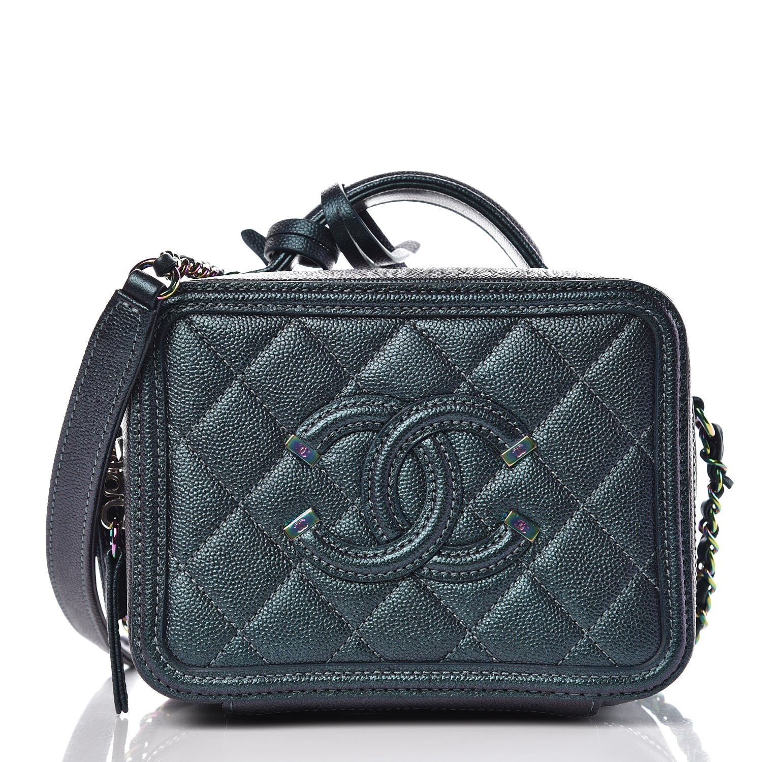 Chanel Iridescent Caviar Quilted Small CC Filigree Vanity Case Dark Turquoise 3 of 9