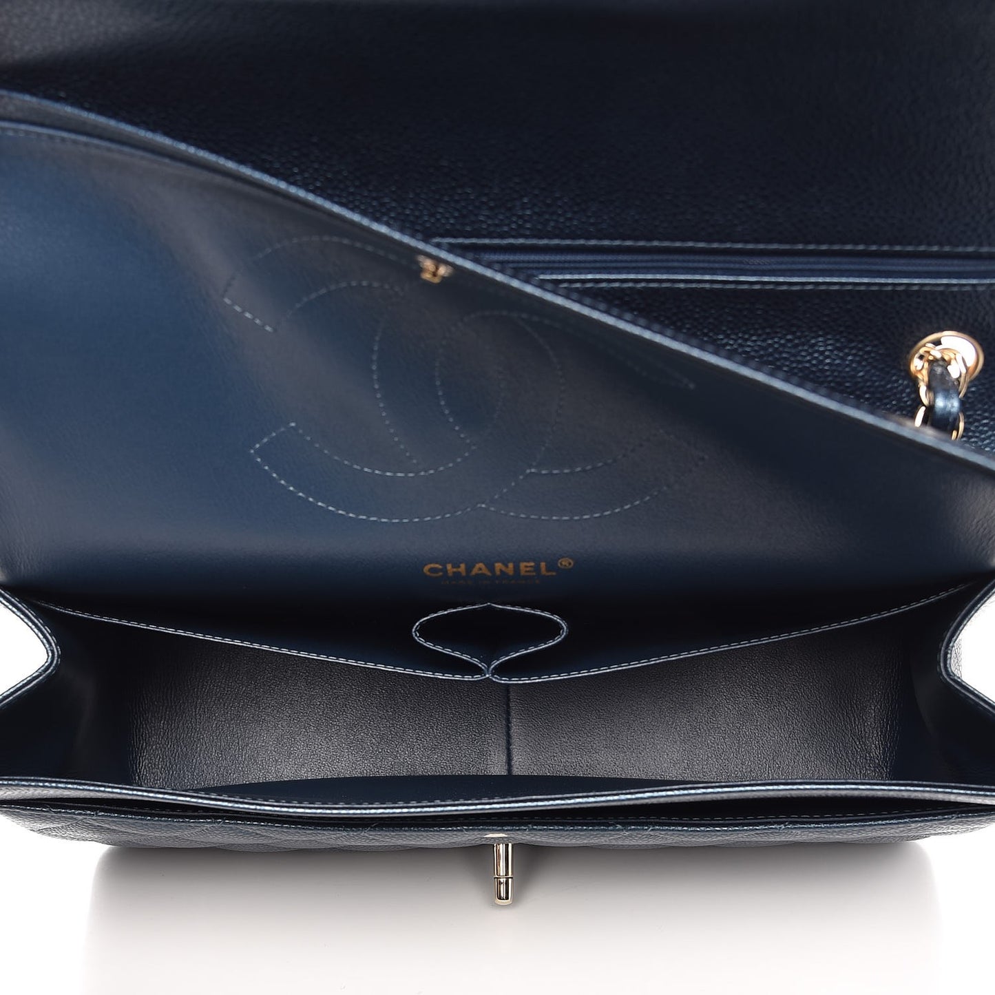 Iridescent Caviar Quilted Jumbo Double Flap Dark Blue