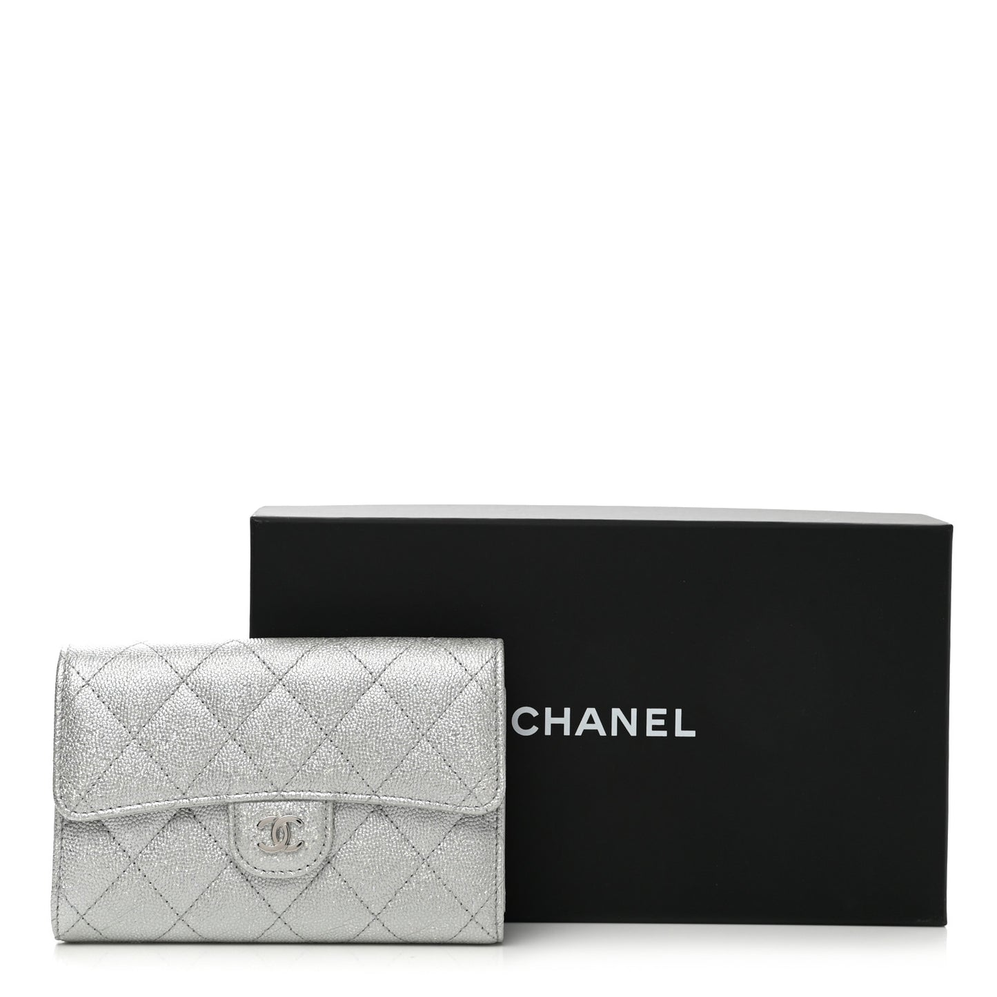 Glittered Metallic Caviar Quilted Medium Flap Wallet Silver