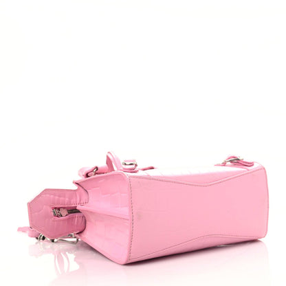 Balenciaga Semi Shiny Calfskin Crocodile Embossed Neo Classic Silver Hardware Mini City Pink 4 of 22