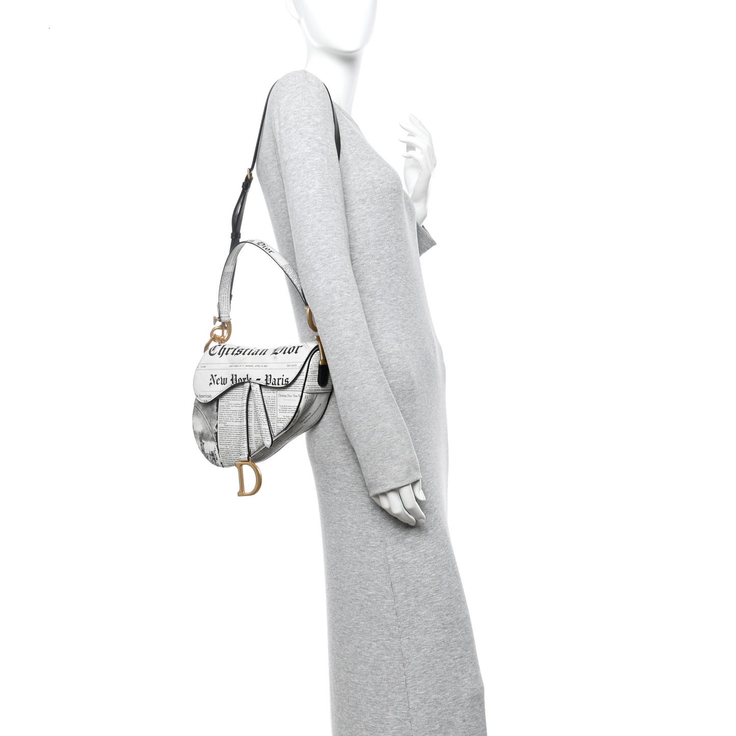 Calfskin Newspaper Printed Saddle Bag With Strap Black White