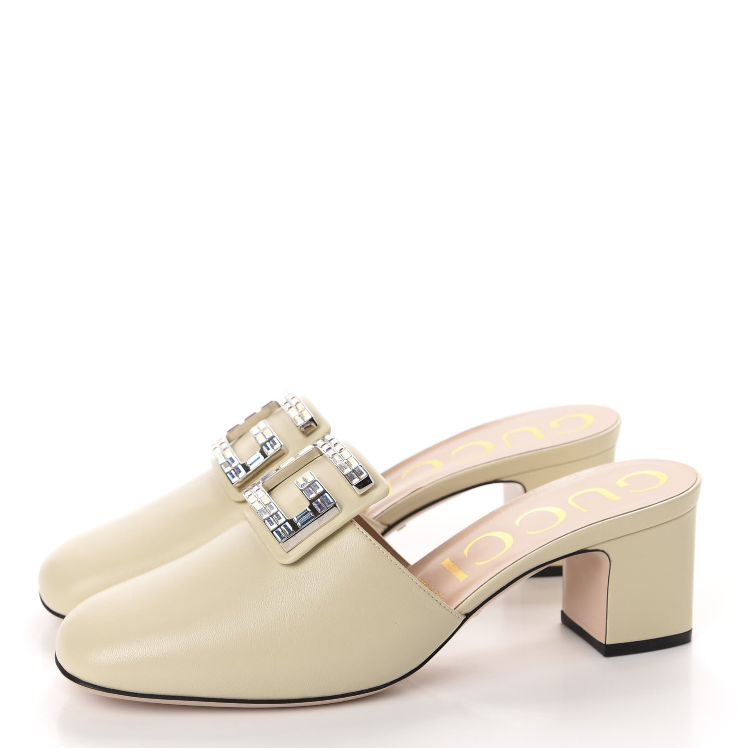 Gucci Malaga Kid Crystal Square G Madelyn Mules 40 Vintage White 3 of 10