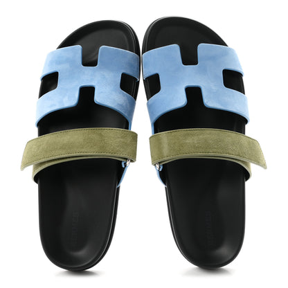 Hermes Suede Goatskin Womens Chypre Sandals 41 Bleu Cameo Vert 2 of 10