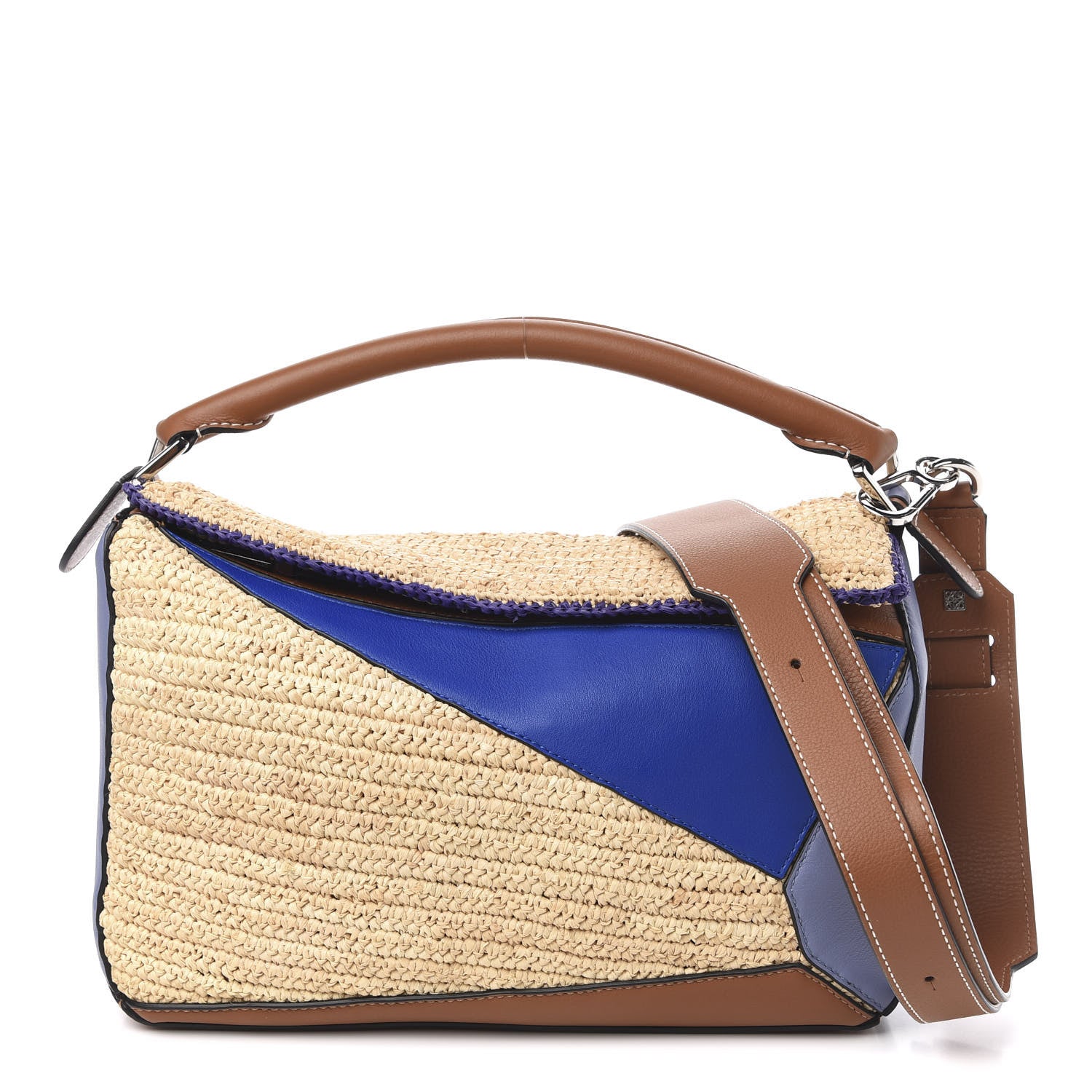 Loewe Calfskin Raffia Paula's Ibiza Medium Puzzle Bag Blue Tan 1 of 10