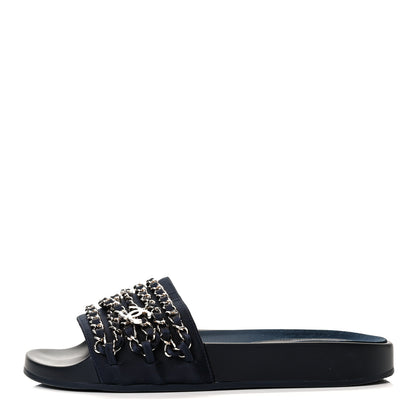 Chanel Satin Canvas Chain Slides Sandals Flats 36 Marine 1 of 9