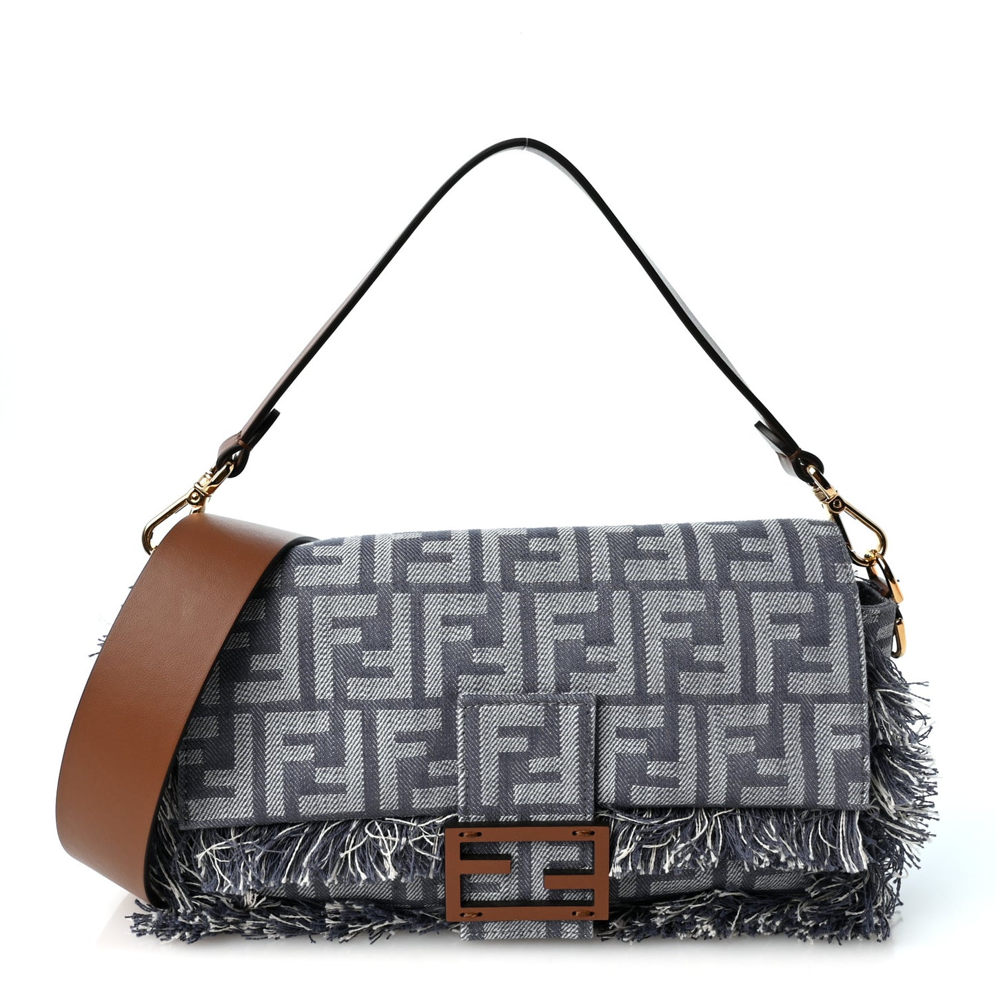 Denim Vitello King Fringe FF Embroidered Baguette Denim Myrtle Dark Nut