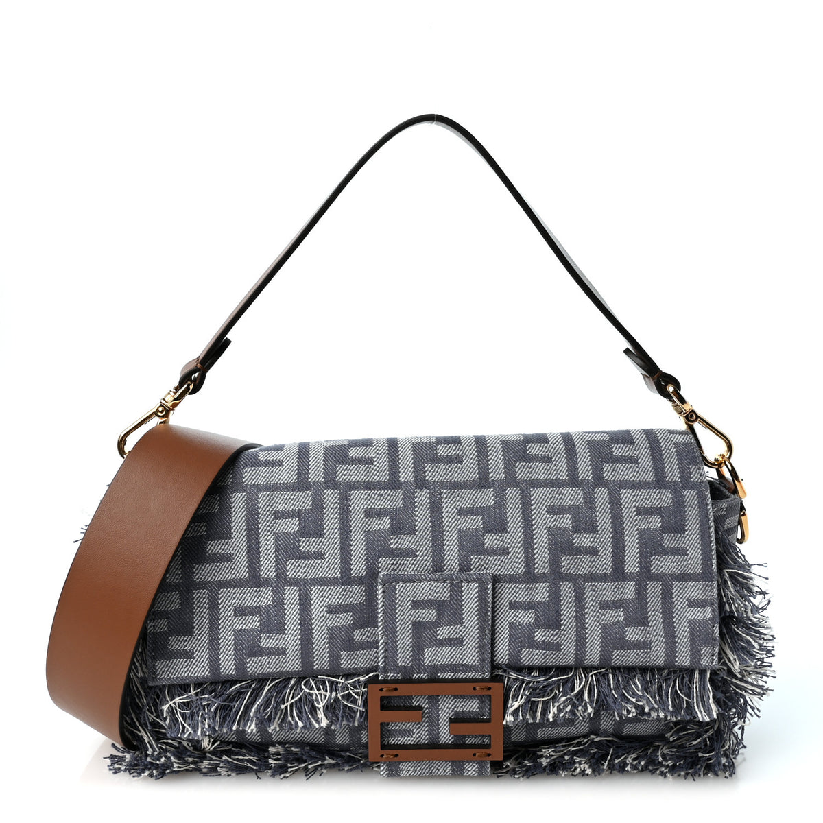 Fendi Denim Vitello King Fringe FF Embroidered Baguette Denim Myrtle Dark Nut 1 of 12