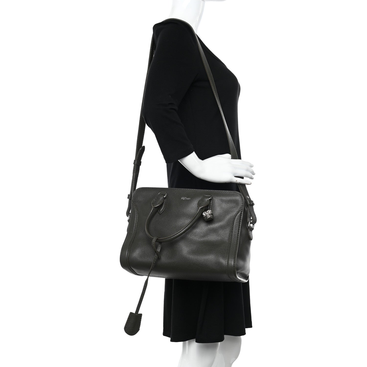 Alexander McQueen Pebbled Calfskin Small Skull Padlock Zip Around Tote Military Green 2 of 16