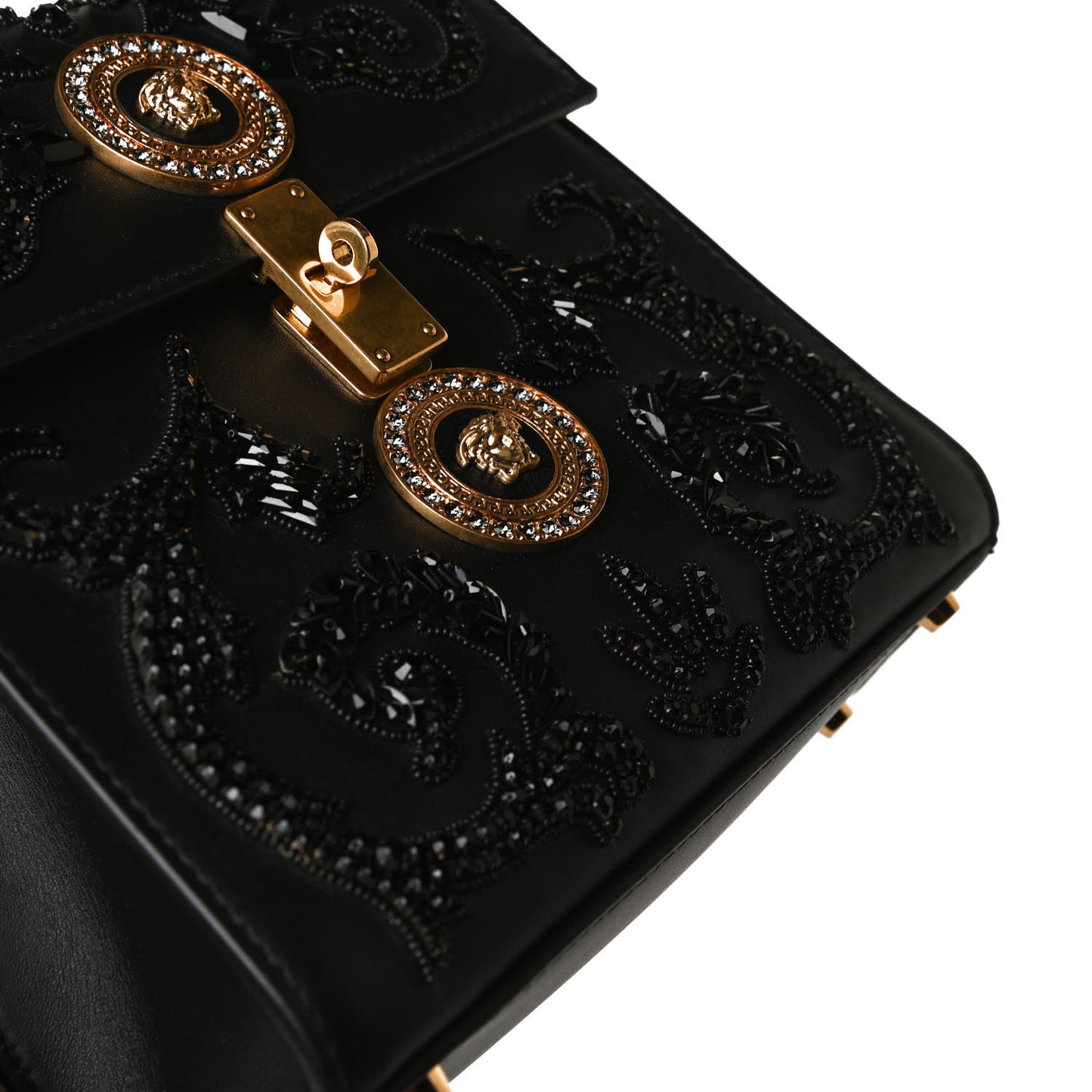 Nappa Crystal Embroidered Baroque Alphabet Icon Flap Black