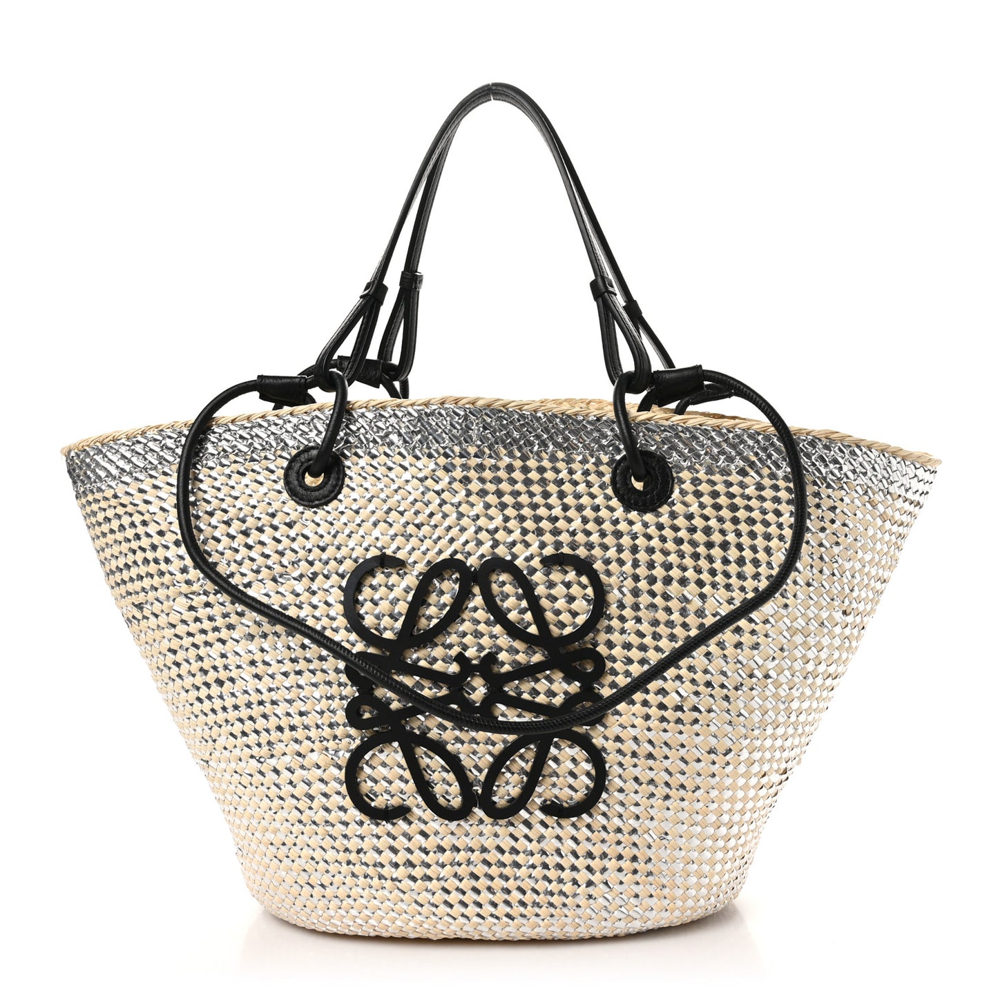 Calfskin Raffia Paulas Ibiza Sparkling Metallic Anagram Basket Tote Bag Natural Silver