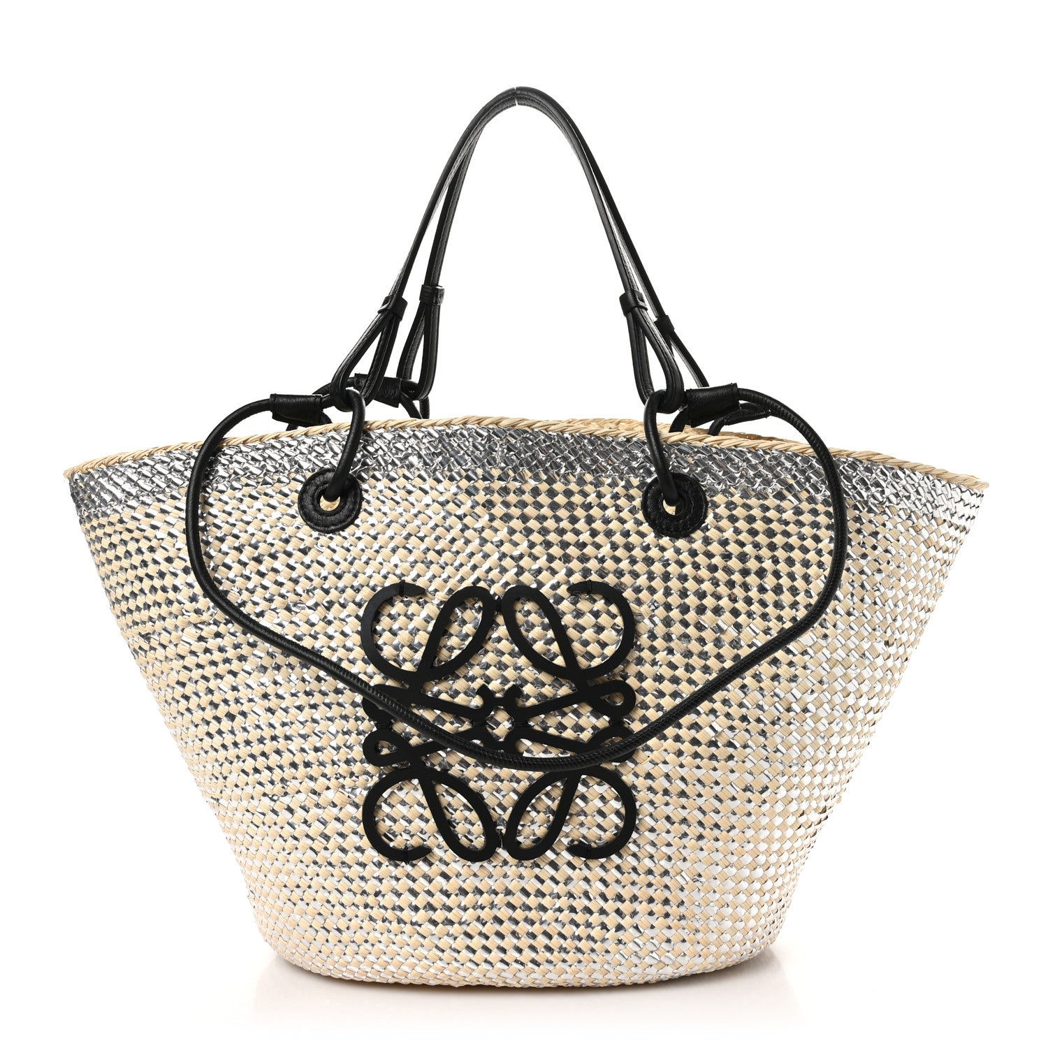 Loewe Calfskin Raffia Paulas Ibiza Sparkling Metallic Anagram Basket Tote Bag Natural Silver 1 of 9