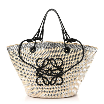 Loewe Calfskin Raffia Paulas Ibiza Sparkling Metallic Anagram Basket Tote Bag Natural Silver 1 of 9
