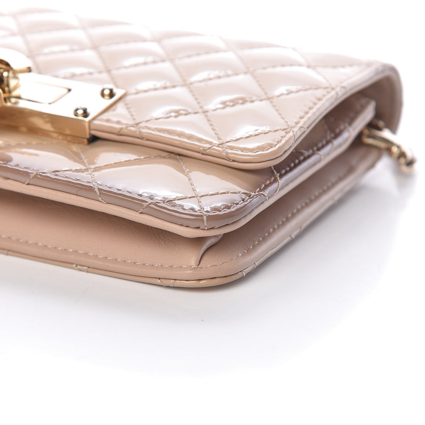 Patent Quilted Golden Class Wallet on Chain WOC Light Beige