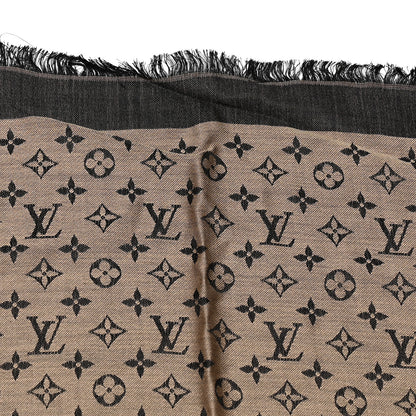 Louis Vuitton Wool Silk Monogram Denim Shawl Beige Black 6 of 7