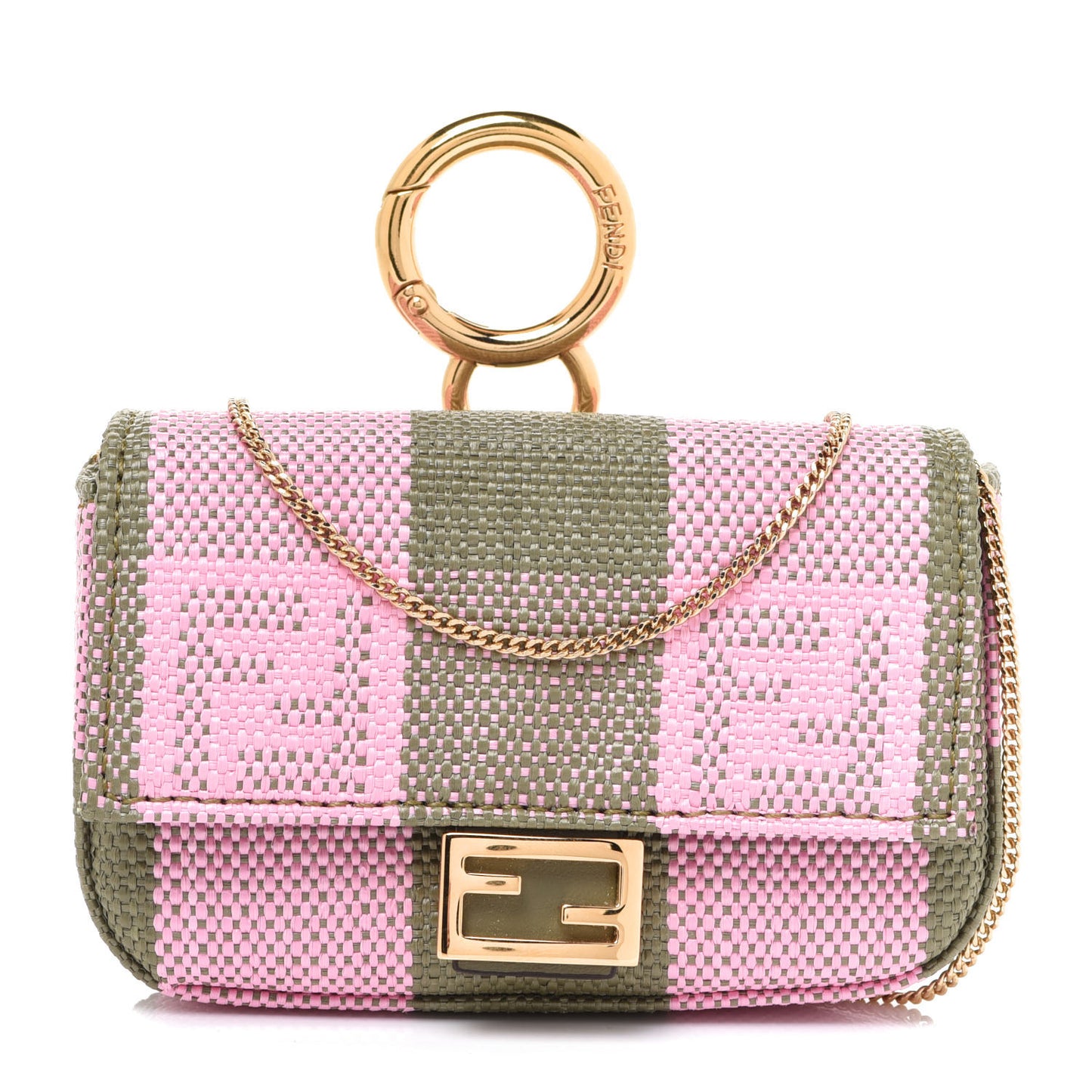 Raffia Pequin Gingham Woven Nano Baguette Charm Verde Militare Rosa