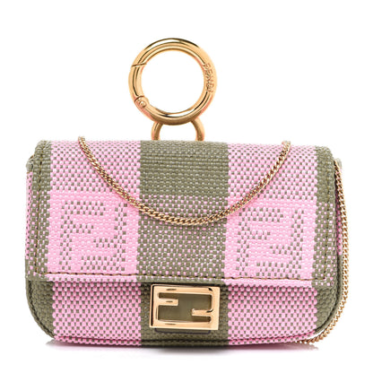 Fendi Raffia Pequin Gingham Woven Nano Baguette Charm Verde Militare Rosa 1 of 6