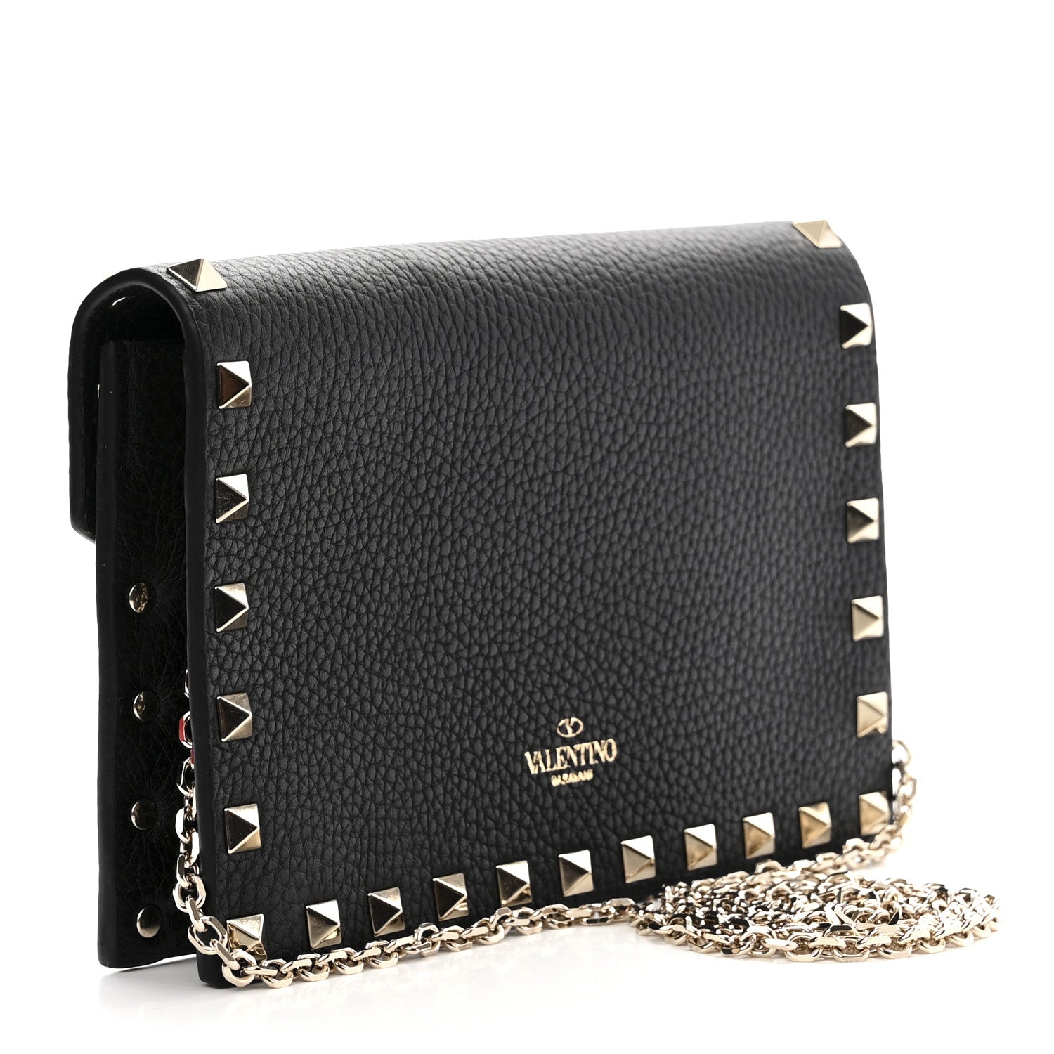 Valentino Garavani Pebbled Calfskin Rockstud Envelope Wallet on Chain Black 4 of 11