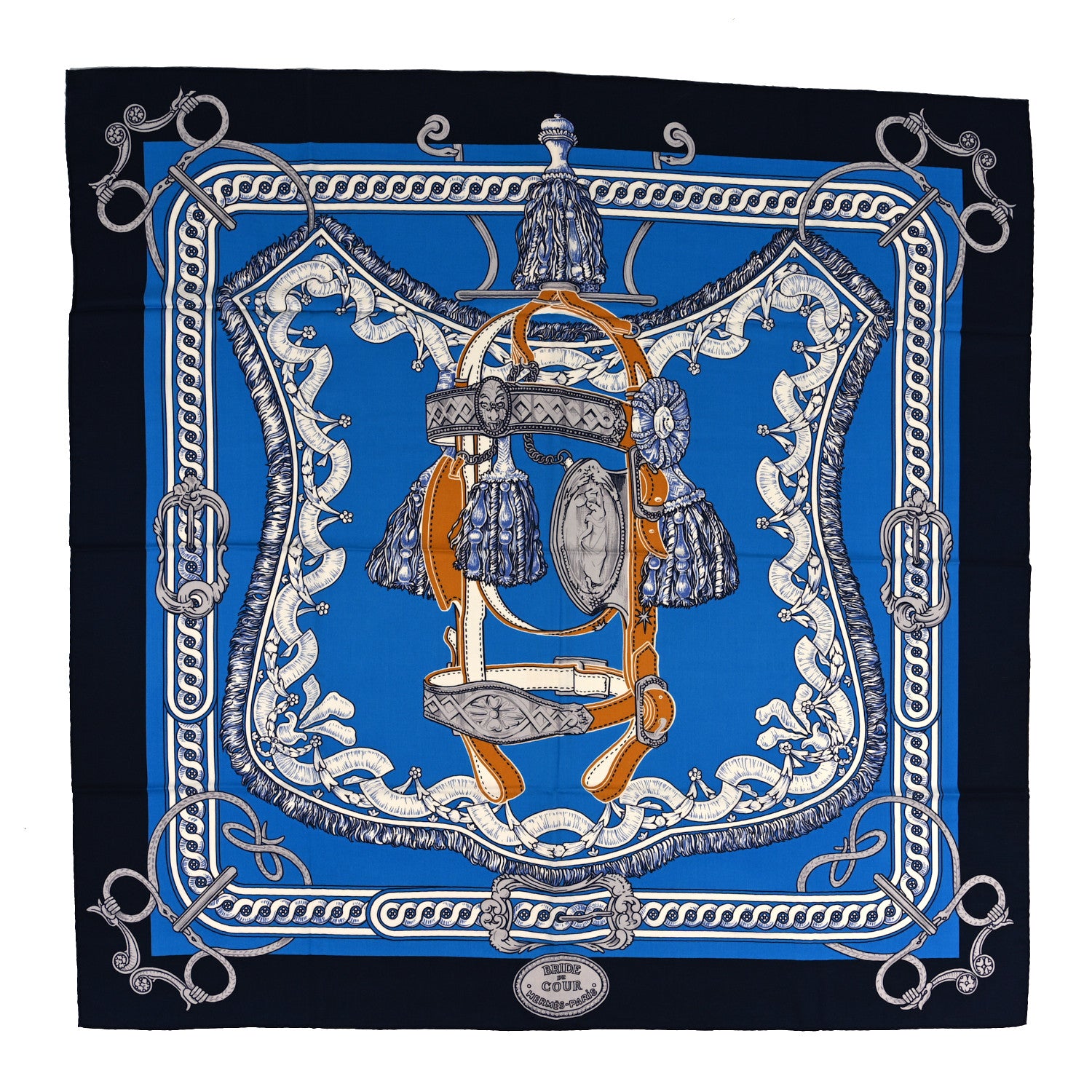Hermes Cashmere Silk Bride De Cour Remix Shawl 140 Bleu Marine Cobalt Gold 1 of 3